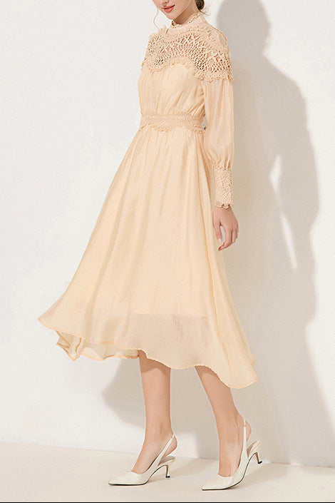 cecilia apricot Lantern sleeves openwork wavy trim midi dress
