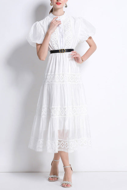 White adelaide lace Belted Trim Midi Dress