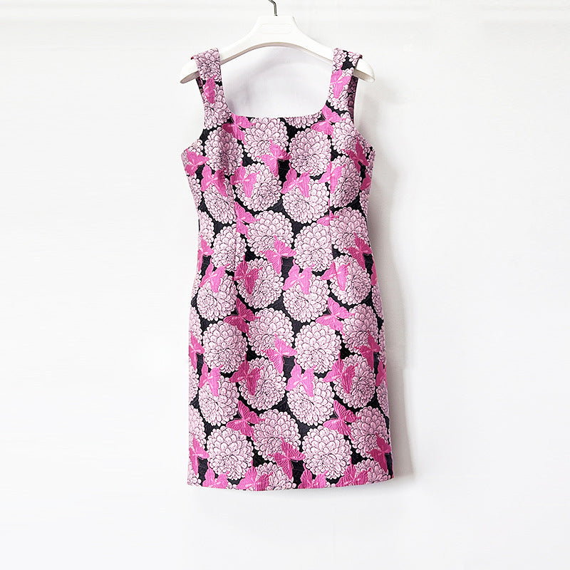 Square Neck Floral Butterfly Print Sleeveless Mini Dress
