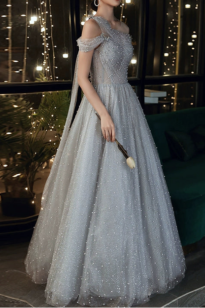 Dusty Blue one-shoulder pearl maxi evening dress