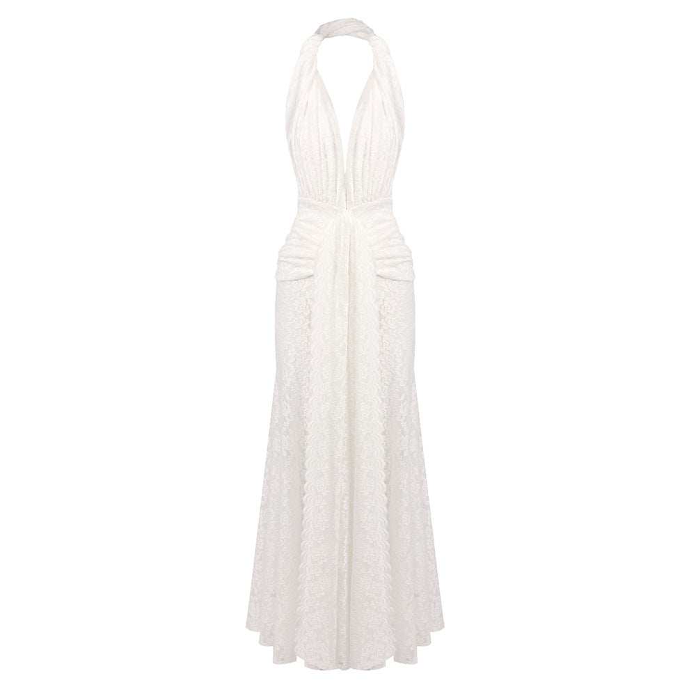 white lace column with front slit gown