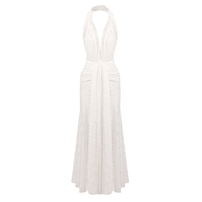 white lace column with front slit gown