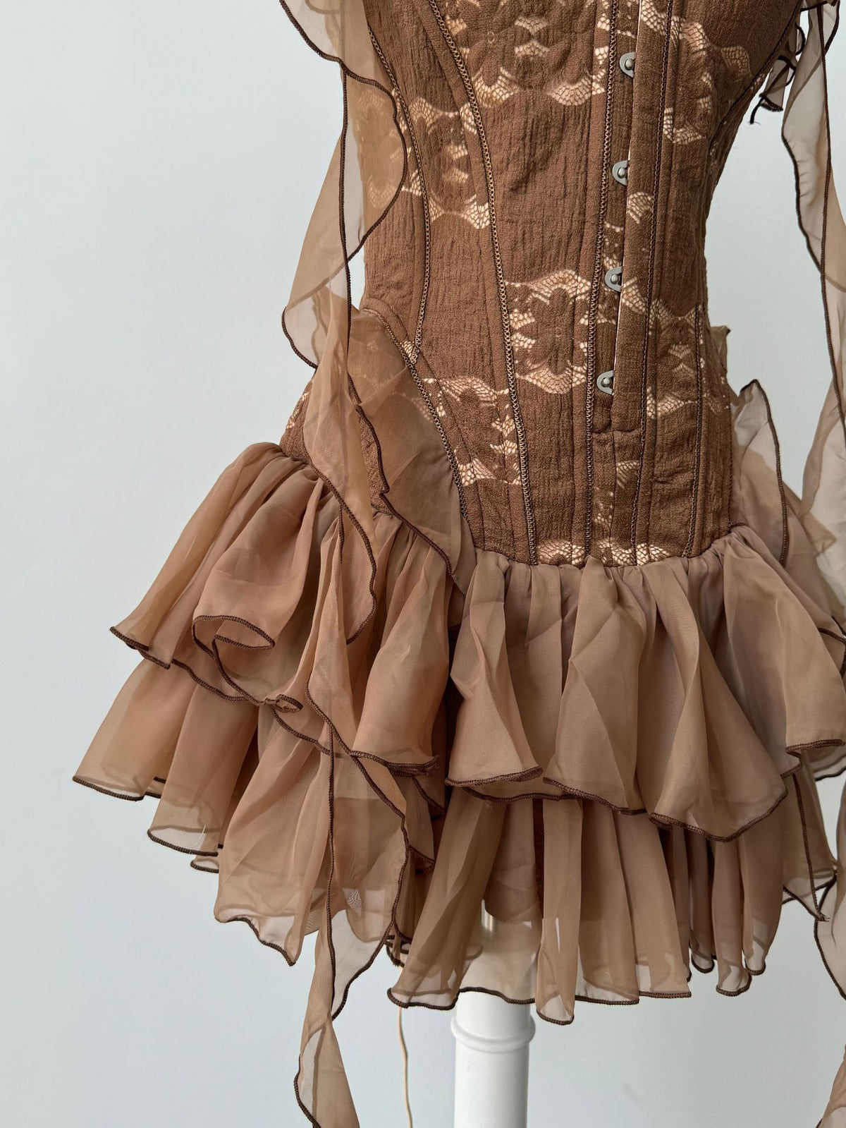 althea ruffle trim fish bones mini dress in brown