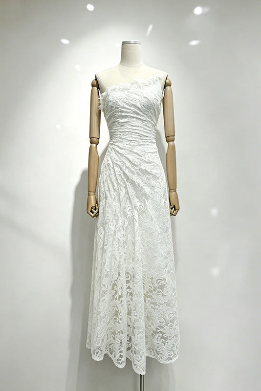 white lace asymmetrical A-line dress