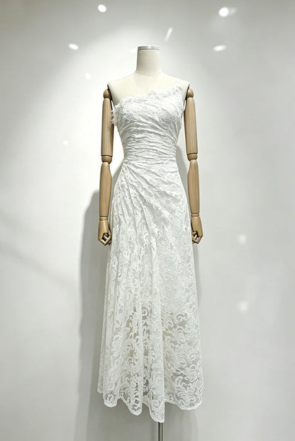 white lace asymmetrical A-line dress