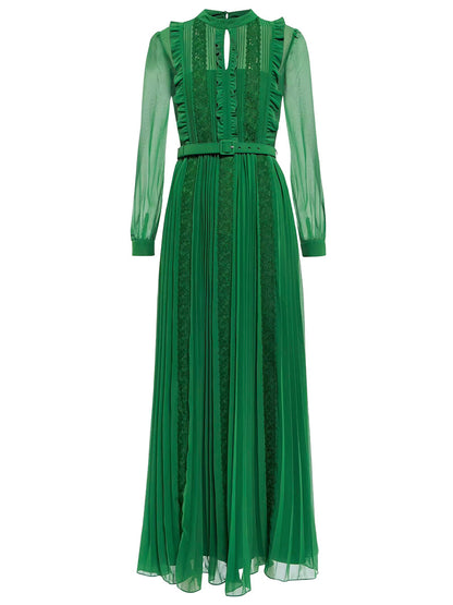 green long sleeve lace splicing pleated dress
