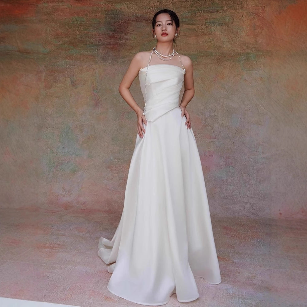 Lydia White French Satin Strapless maxi Train Welcome Gown