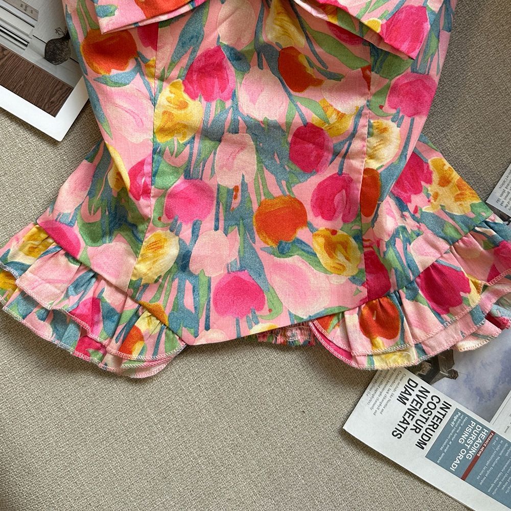 Pink Floral Strapless Corset Top with Peplum