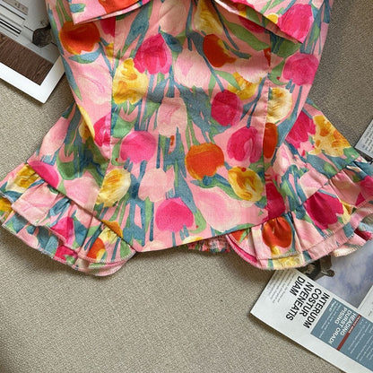 Pink Floral Strapless Corset Top with Peplum