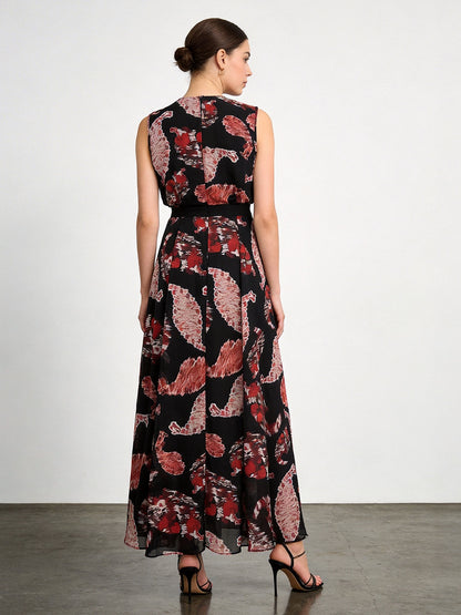 black printed  V-neck sleeveless maxi dress