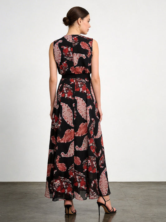 black printed  V-neck sleeveless maxi dress