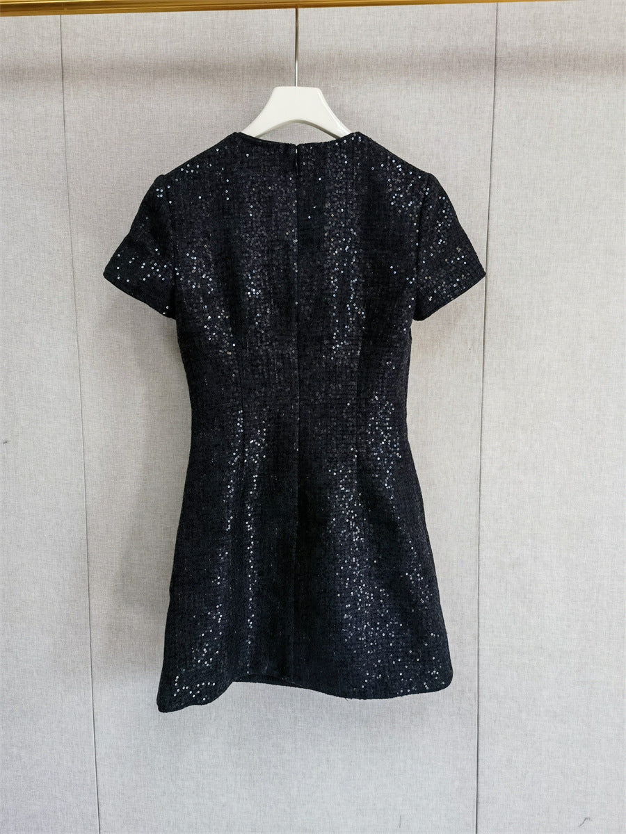 janice Black Sequin Tweed Bow Mini Dress