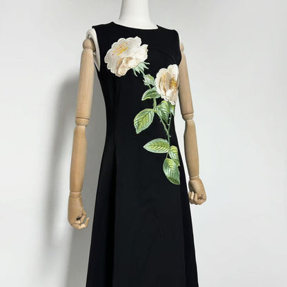 kate floral print Embellished Sleeveless Midi Dress in black