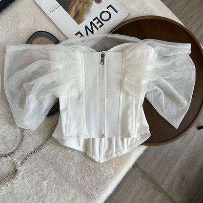 White Structured Satin Corset Top with Pearl-Embellished Off-Shoulder Sleeves