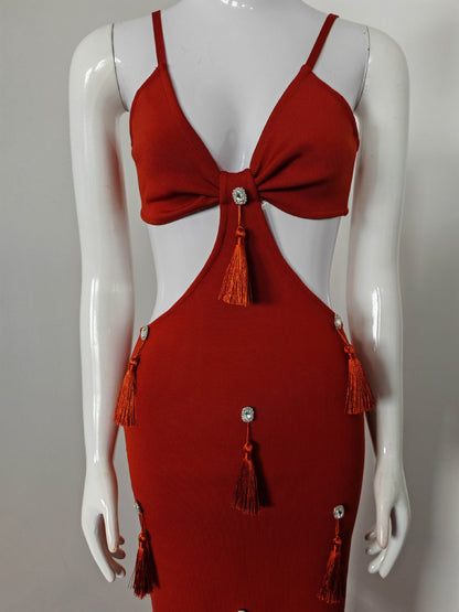 Deep-V Diamond Tassels Bandage Maxi Dress in red