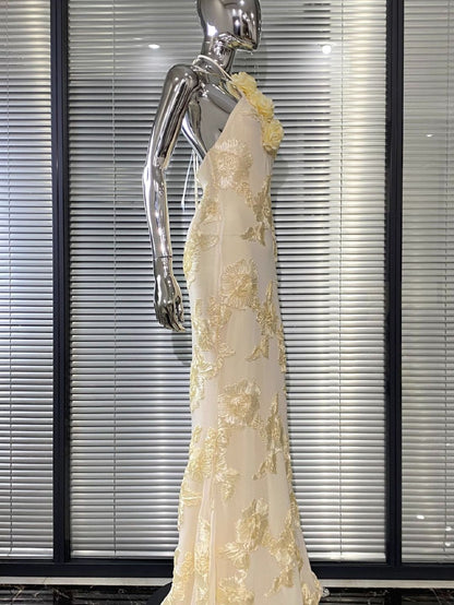 Nefertiti pale yellow tulle backless party mixi dress