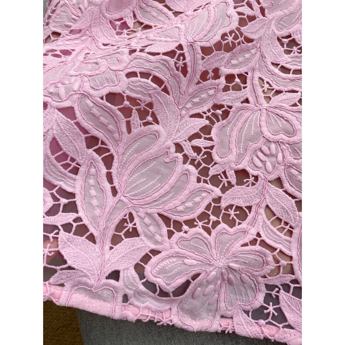 Light Pink Floral Corded Lace Fit-and-Flare Mini Dress
