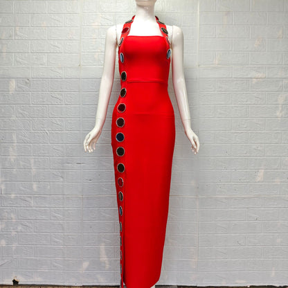 red heavy stretch crepe column dress
