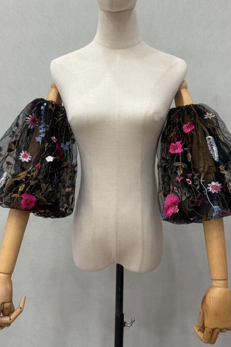 Black Sheer Tulle Multicolor Floral Embroidery Detachable Puff Arm Cuffs