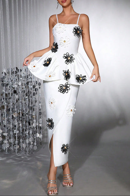 white bodycon midi dress Bandage elastic sling with handmade flower
