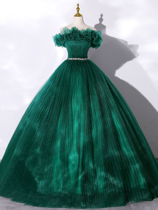 Green tulle off shoulder prom dress