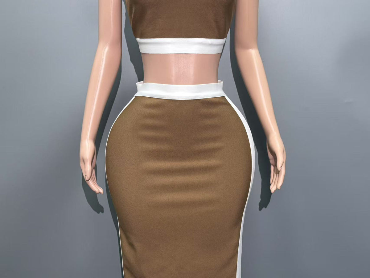 Brown Structured Knit Two-Piece Set with Criss-Cross Halter Crop Top and Maxi Skirt
