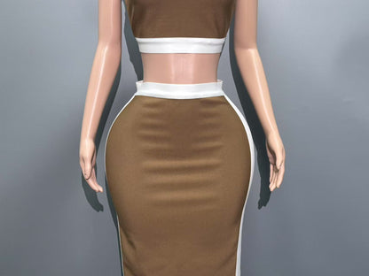 Brown Structured Knit Two-Piece Set with Criss-Cross Halter Crop Top and Maxi Skirt