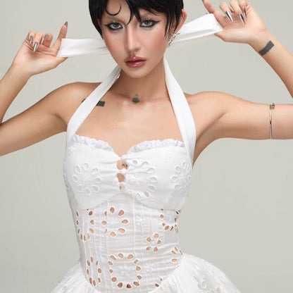 halter embroidered hollow mini dress in white