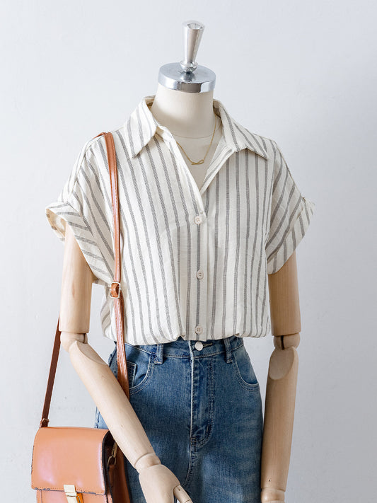 Vertical Stripe Point Collar Rolled Cap Sleeve Loose Shirt