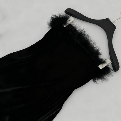 samantha feather velvet strapless mini dress in black