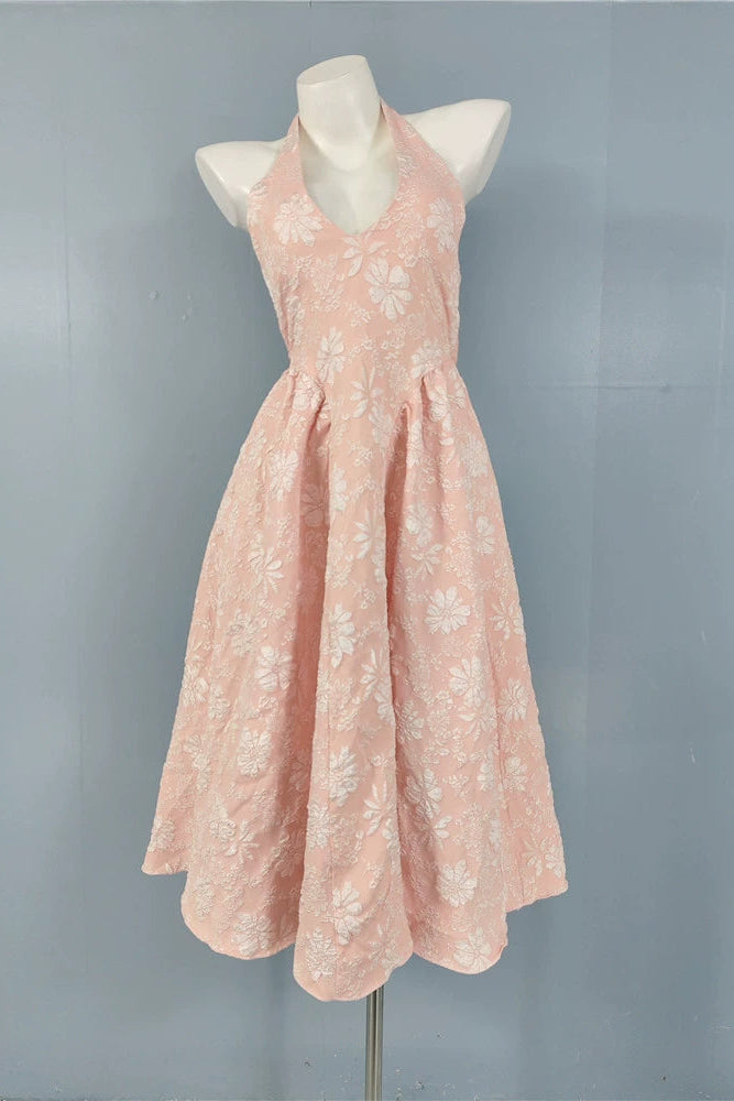 pink fairy jacquard halterneck open back big swing midi dress