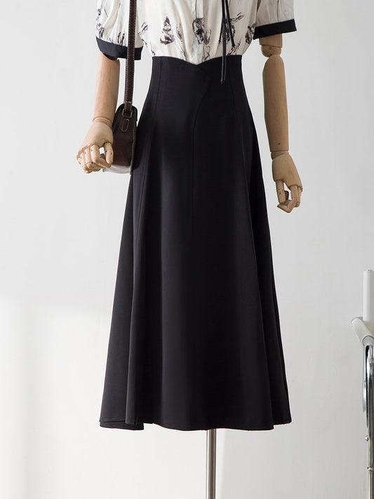 V Notch High Waist Paneled Flared Midi Skirt