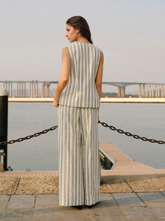 Green White Stripe Linen Sleeveless V-Neck Vest & Wide Leg Pants Two-Piece Set