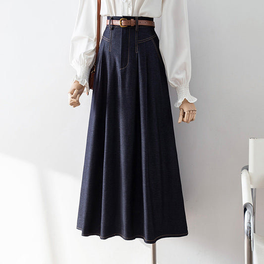 High Waist Pleated Denim Midi Skirt with Leather Belt