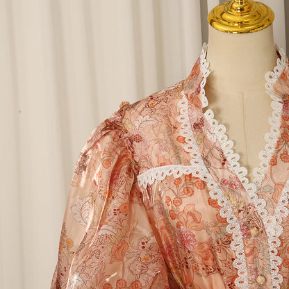 Peach Organza A-Line Tiered Maxi Dress with Botanical Floral Print