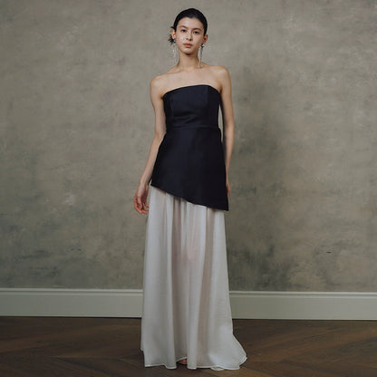 satin Spliced tulle strapless maxi dress - white