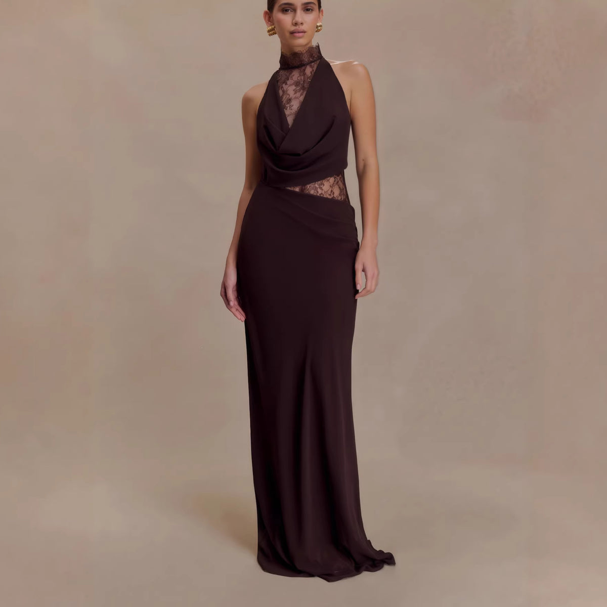 Halter Lace Cutout Draped Maxi Gown