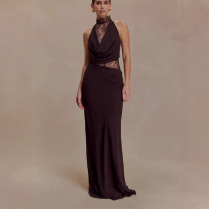 Halter Lace Cutout Draped Maxi Gown