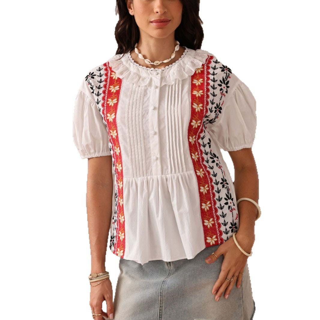 embroidered cotton short-sleeved lace hollow button top
