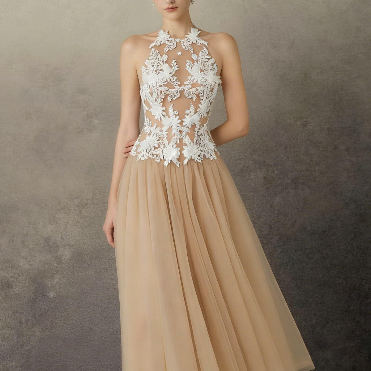 Sleeveless Three-Dimensional Flower Embroidery Parquet Crew Neck Long Dress
