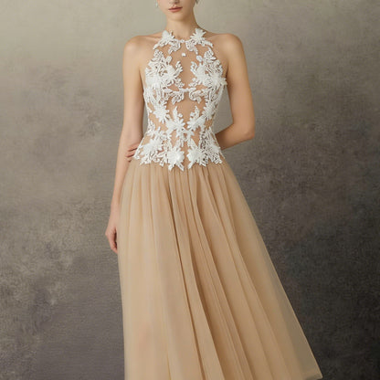 Sleeveless Three-Dimensional Flower Embroidery Parquet Crew Neck Long Dress