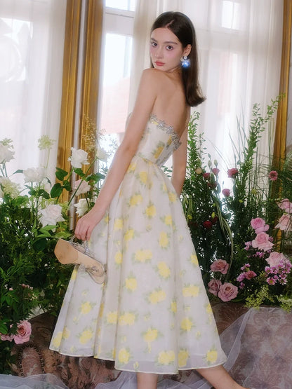Lemon Yellow Strapless Long Cocktail Dress-Butter Cup