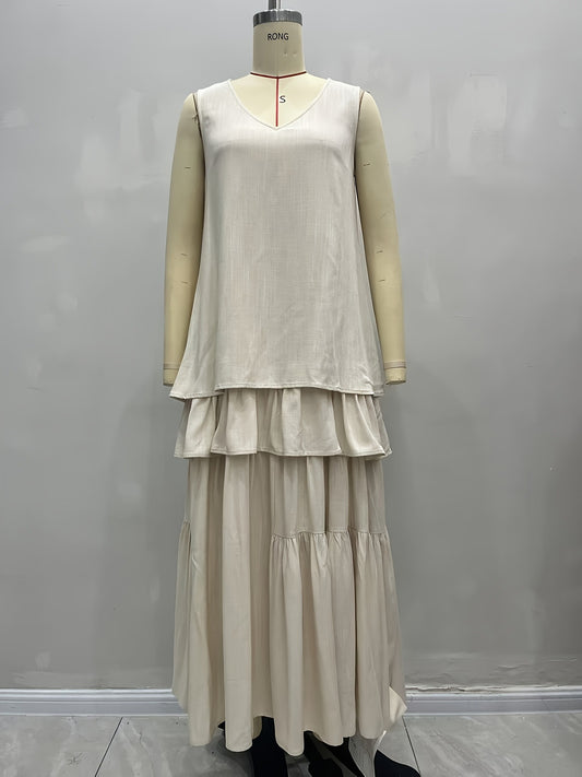 Sleeveless V-Neck Tiered Ruffle Maxi Dress