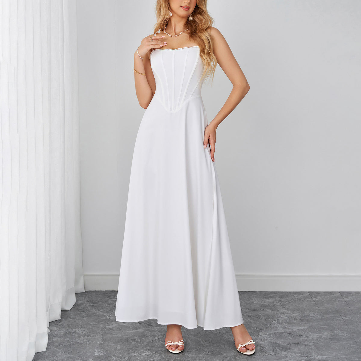 Lace Trim Corset Spaghetti Strap Flowy Maxi Dress