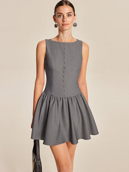 Grey Boat Neck Sleeveless Button Front Gathered Flare Mini Dress