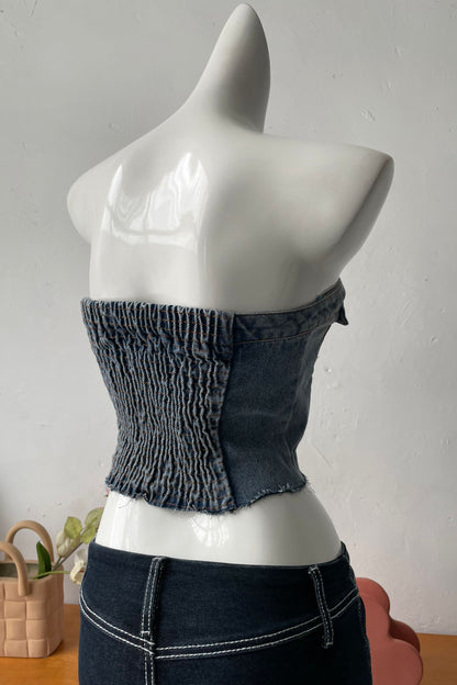 8-button denim tube top in blue