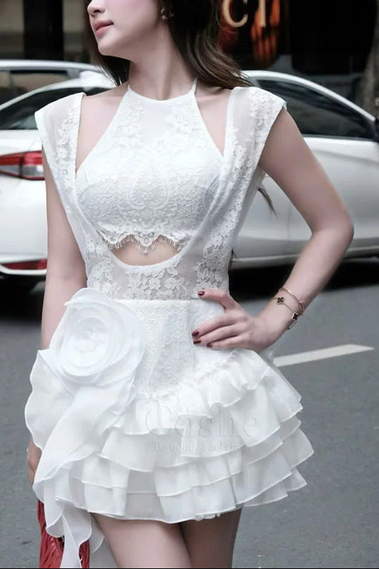 sharon Tassel Flower Lace Patchwork mini Dress - white