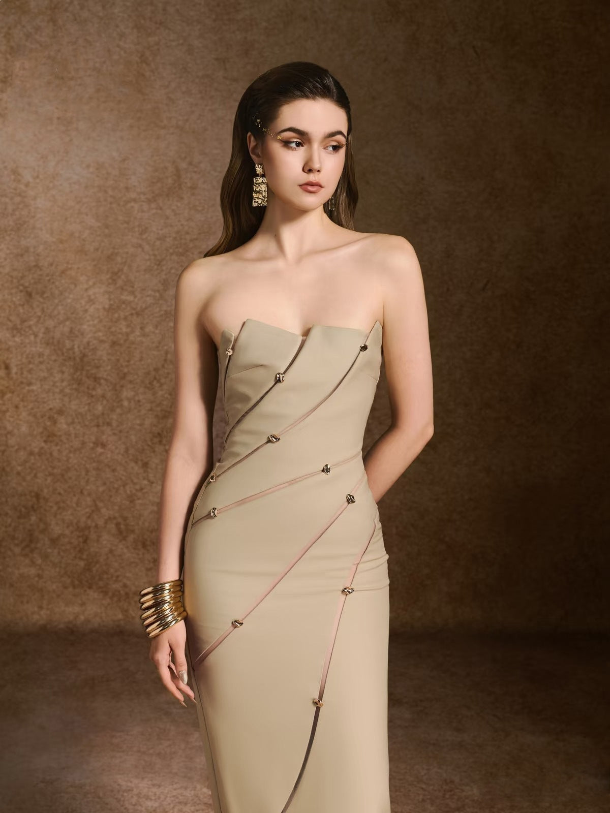 angela Asymmetrical Off Shoulder Midi Dress in Khaki