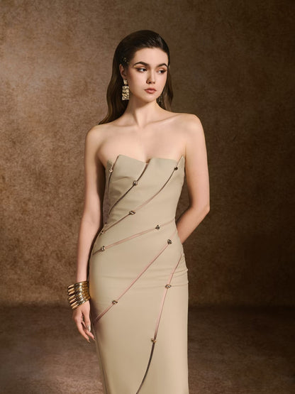 angela Asymmetrical Off Shoulder Midi Dress in Khaki