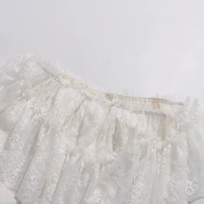 Off Shoulder Ruffled Lace Satin Bow Two Piece Short Set
